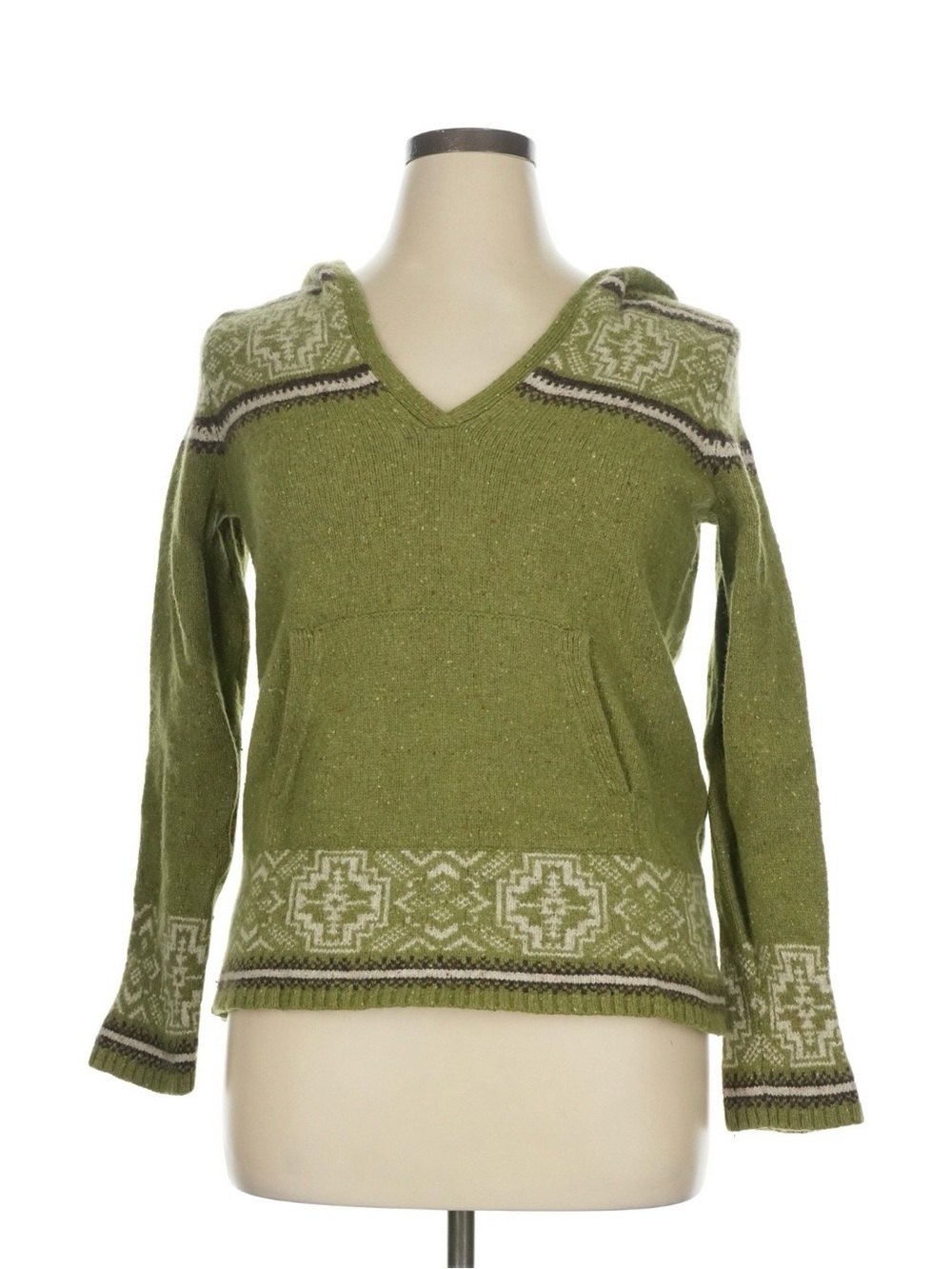 Eddie Bauer 100% WOOL Olive Green Hooded V-Neck Sweater with Fair Isle Trim